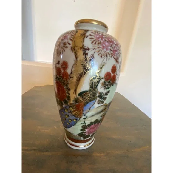 Vintage Oriental Vase Hand Painted Bird Floral Gold Trim Accent Decor